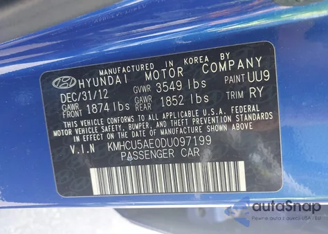 2013 Hyundai Accent Se z USA, uszkodzony, nr VIN KMHCU5AE0DU097199